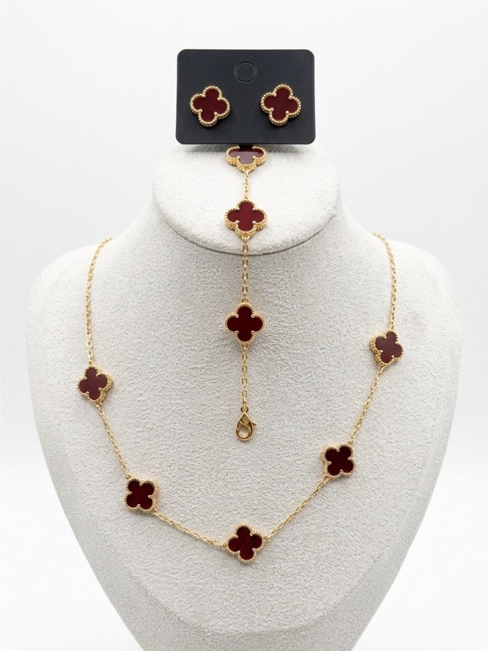 New Red & Crystal Clover Stainless Steel 3- Piece Jewelry Set